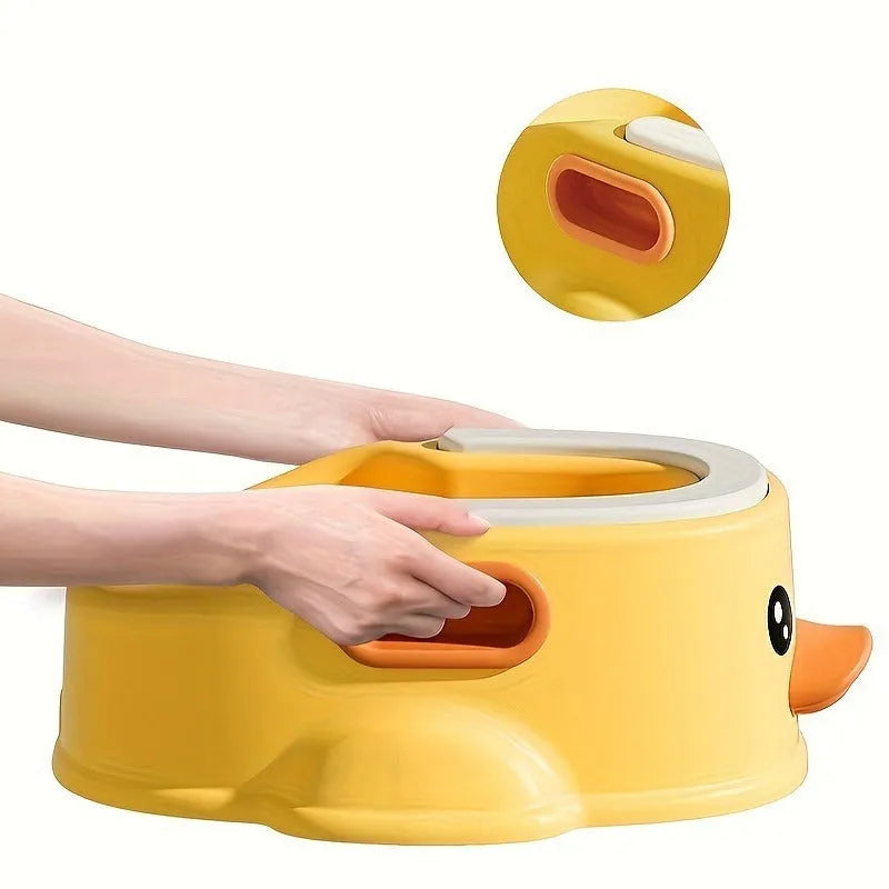 Blue PVC duck-shaped bathtub for washing a small dog, shown on a bathroom floor.