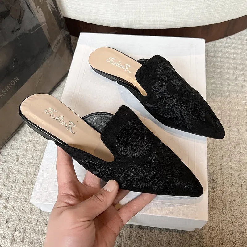 Women's embroidered round toe slippers with PU upper and rubber sole, shown in black colourway, sizes 35 to 40