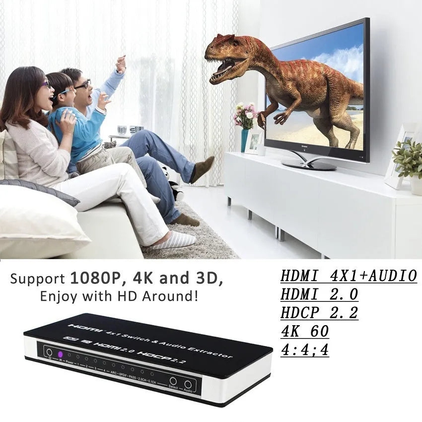 Black HDMI switch unit with remote control for four input, one output audio separation.