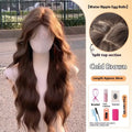 A woman wearing a long curly synthetic wig with side bangs, available in cold brown and brown black colours.