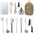 12-piece stainless steel picnic cutlery set inside a khaki portable storage bag.