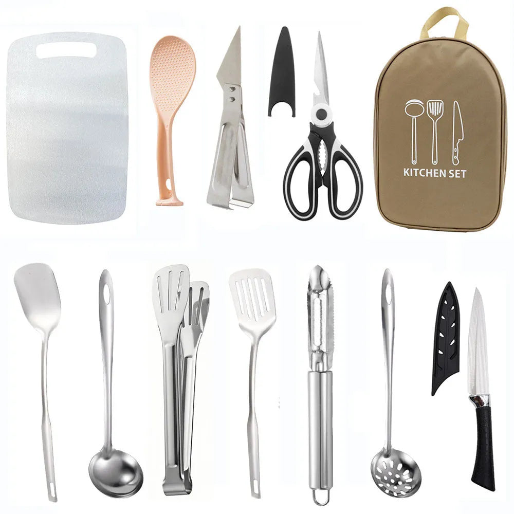12-piece stainless steel picnic cutlery set inside a khaki portable storage bag.