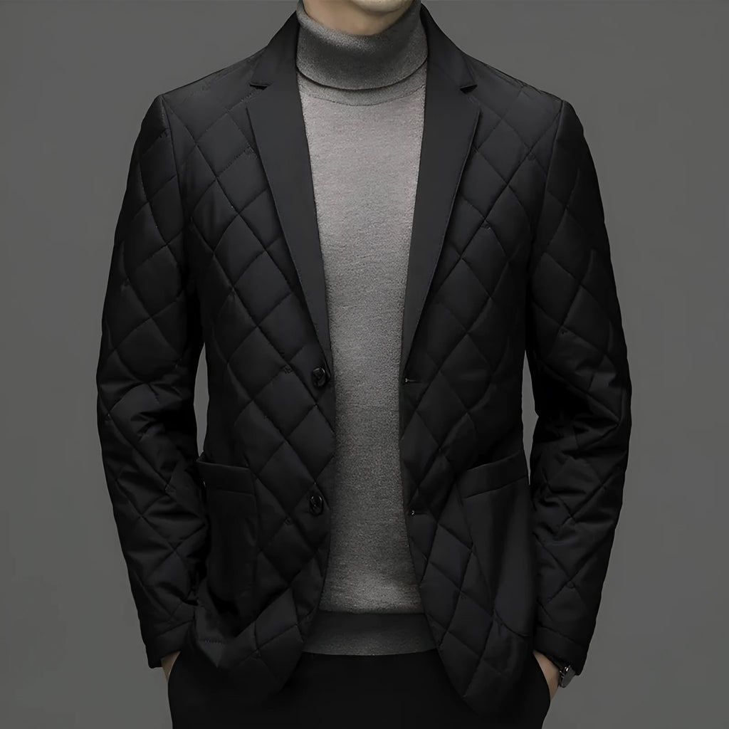 Men's black lapel collar down jacket with side pockets on a solid background