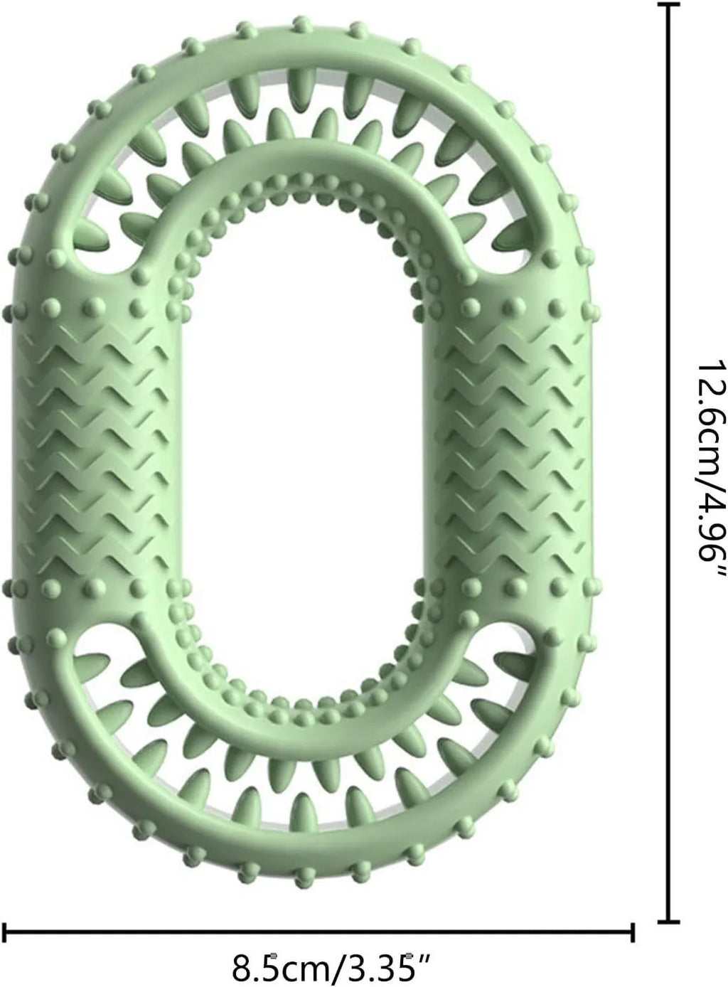 Blue green pink O-ring shaped dog chew toy for aggressive chewers measuring 12.5 by 8.6 centimetres