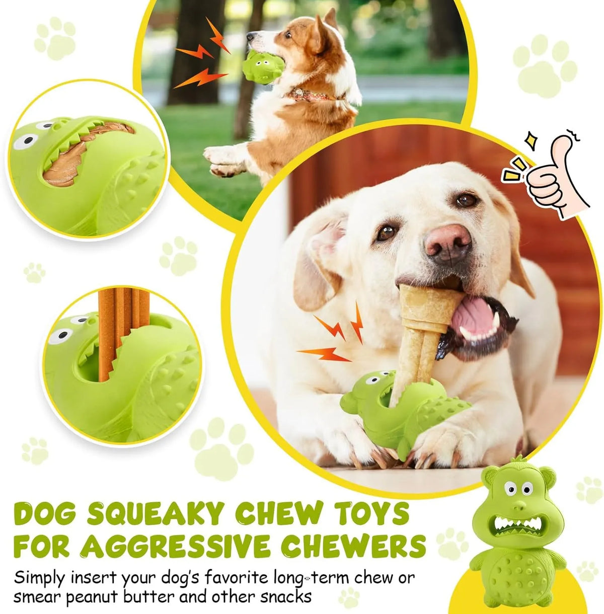 Green and yellow natural rubber squeaky dog chew toy for large breed aggressive chewers.