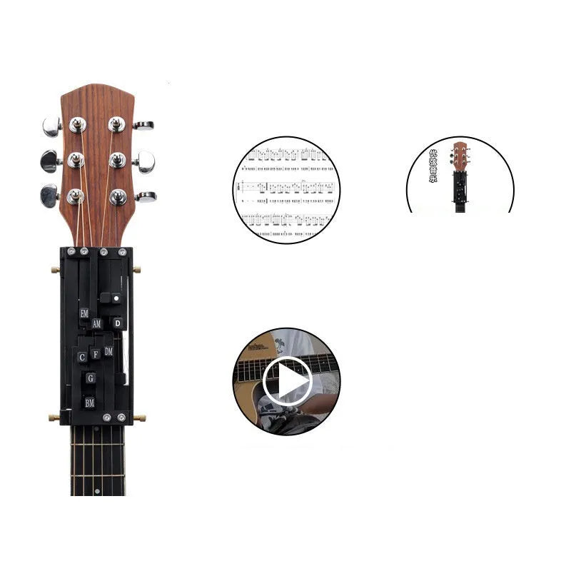 Black automatic guitar chord device for novice folk guitar playing and singing practice