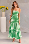 Women's striped summer dress with suspender straps, square neckline, side pockets and backless design