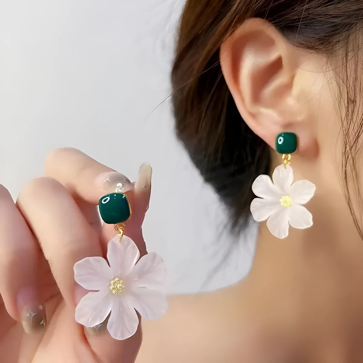 Dark green needle flowers design sweet drop earrings with sterling silver plating