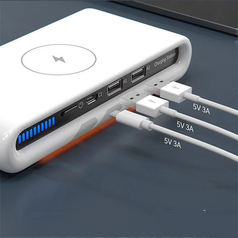 White desktop wireless charger with ambient lighting, showing phone charging on its 175mm x 83mm surface