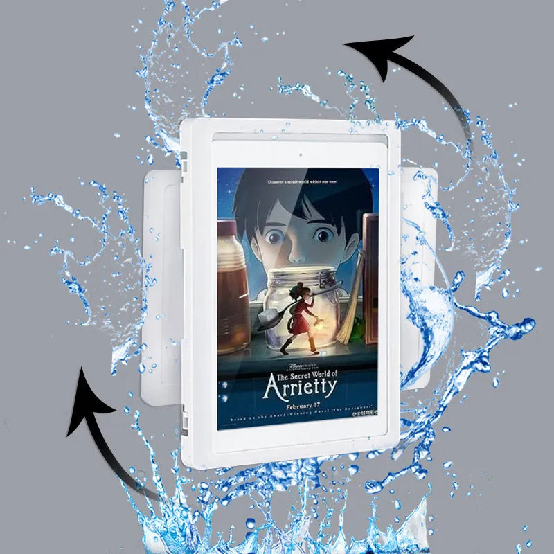 White waterproof phone holder with clear touch screen mounted on bathroom tile
