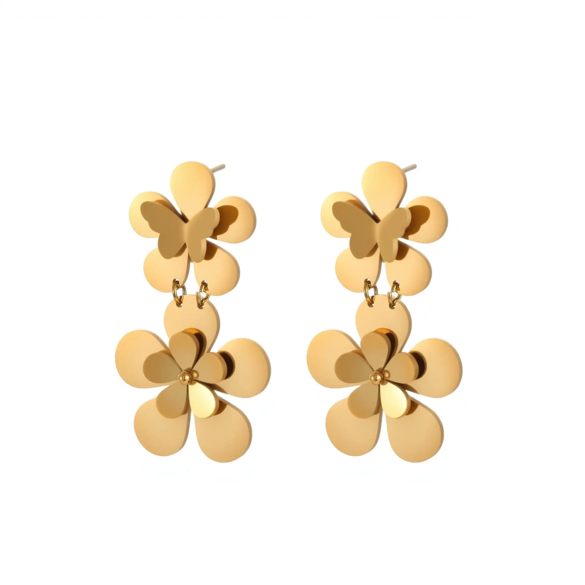 Gold electroplated stainless steel women's earrings with floral butterfly design