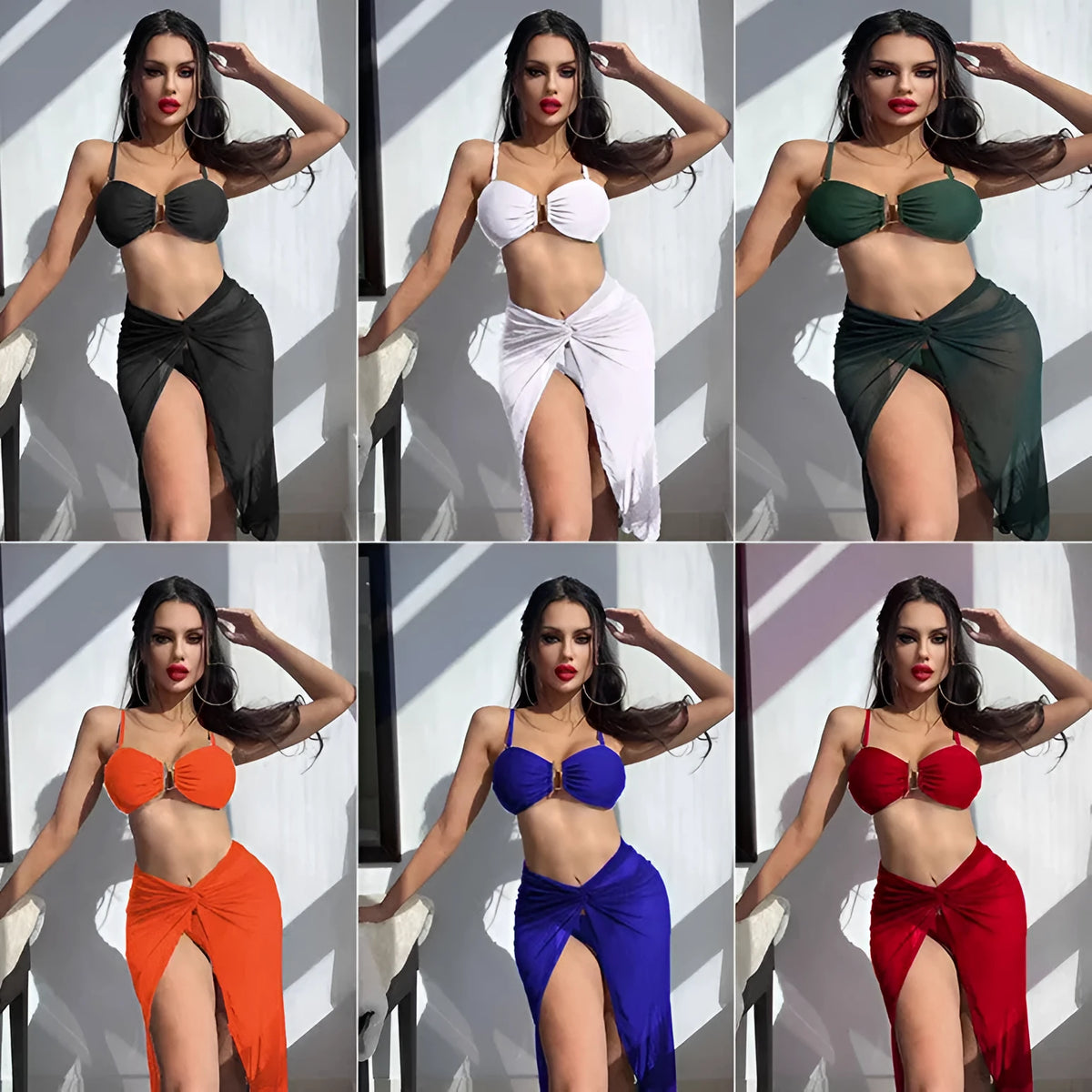 Women's three-piece bikini set with bra, briefs, and long culotte trousers in multicolour options