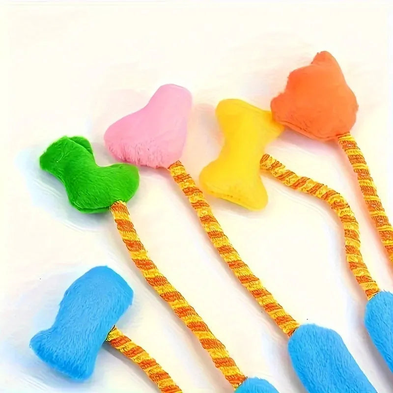 Blue and yellow plush cat toy with integrated bell measuring 40cm long