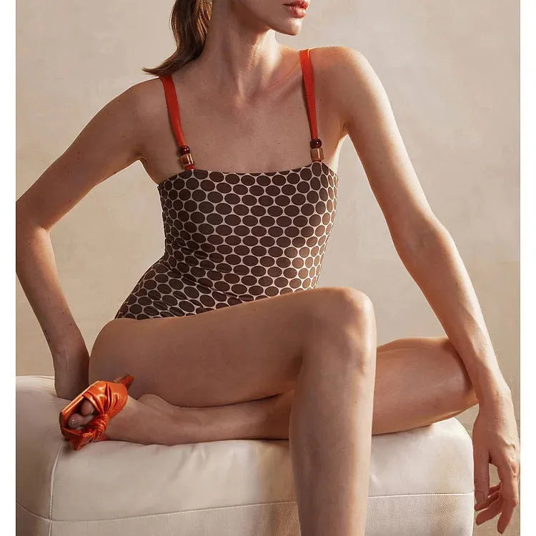 Women's dot print one-piece swimsuit with wrap skirt in European styling