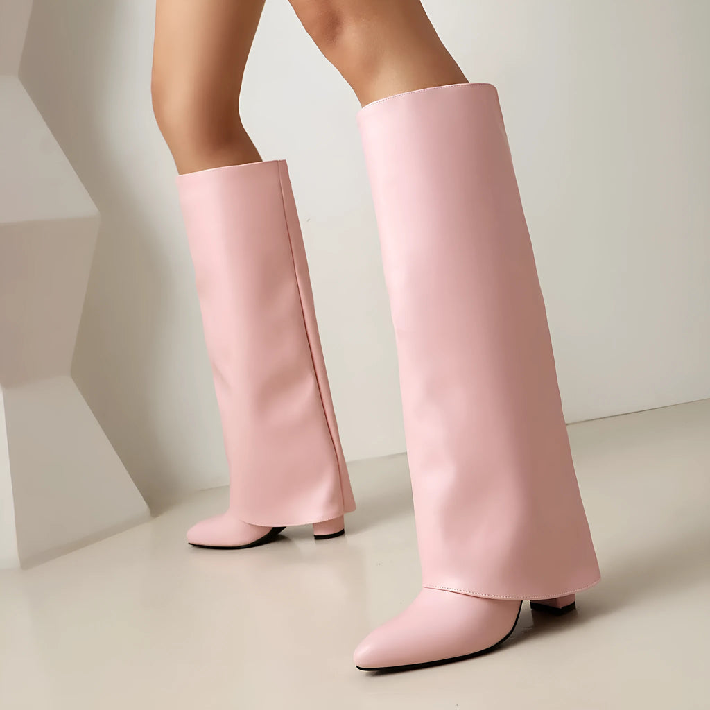 Women's black plus size thick high heel boots with sewing line detail and high cylinder design