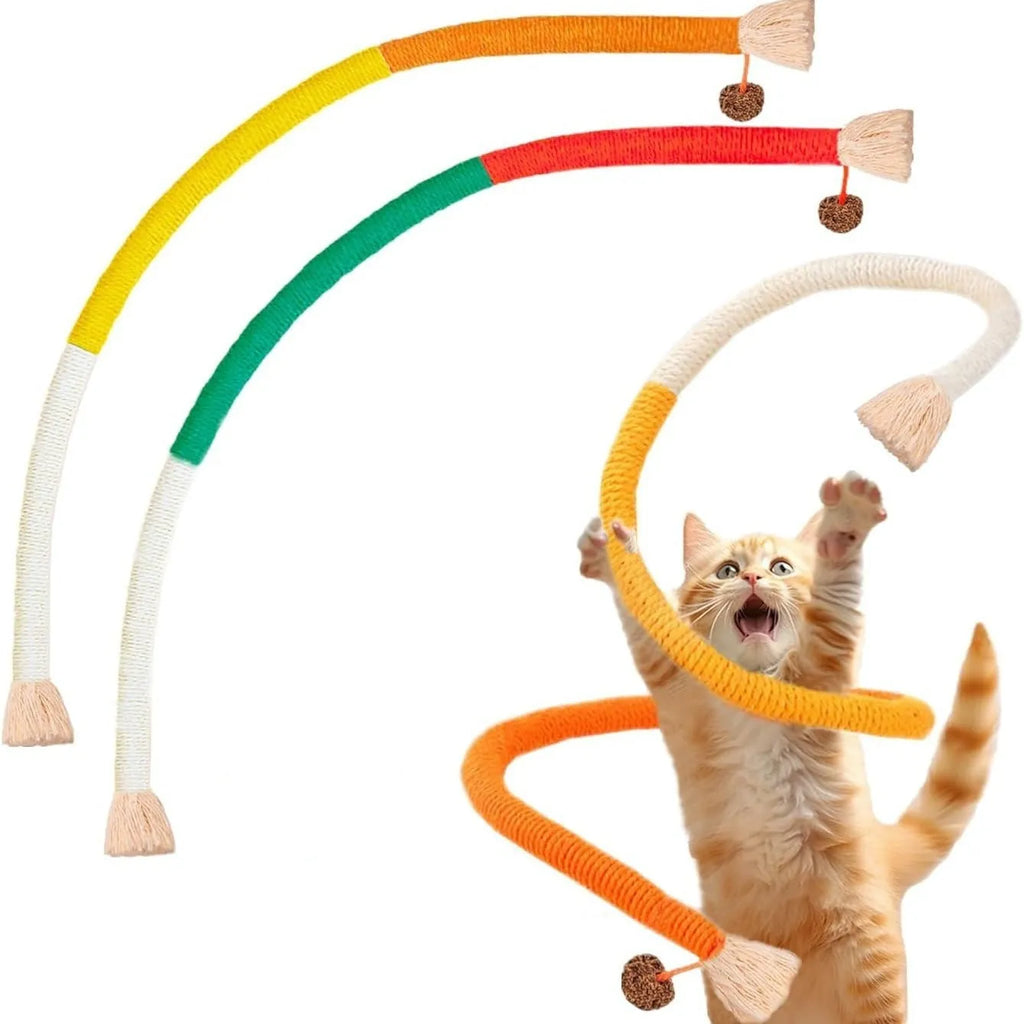 70cm long cotton cat bite rope toy in three colours: purple, orange, and red with green.
