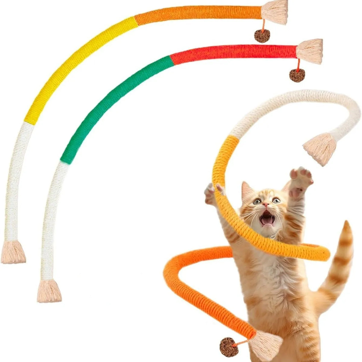 70cm long cotton cat bite rope toy in three colours: purple, orange, and red with green.