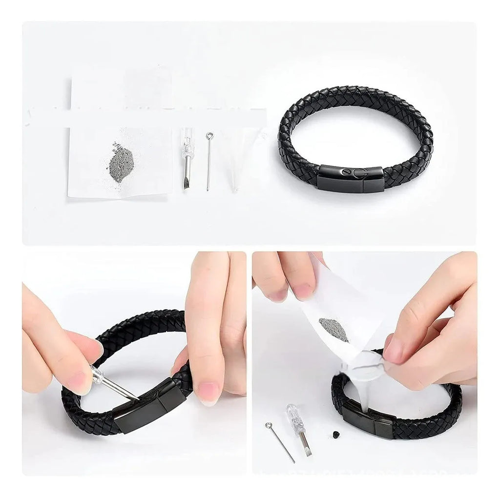Black leather and stainless steel woven casket bracelet with engraved text in gift box