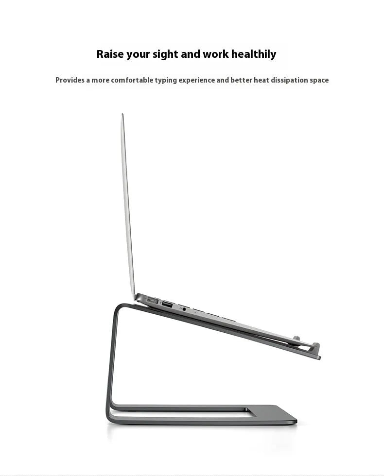 Black aluminium laptop stand elevating notebook with improved ventilation space underneath