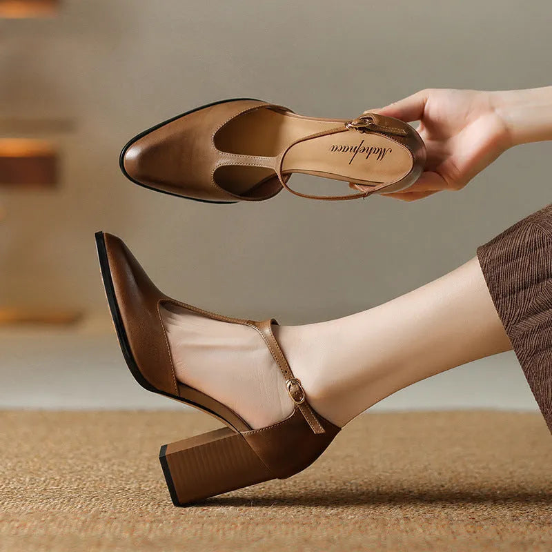 Baotou women's retro Mary Jane high heels with pointed toe and buckle in pink and dark brown.