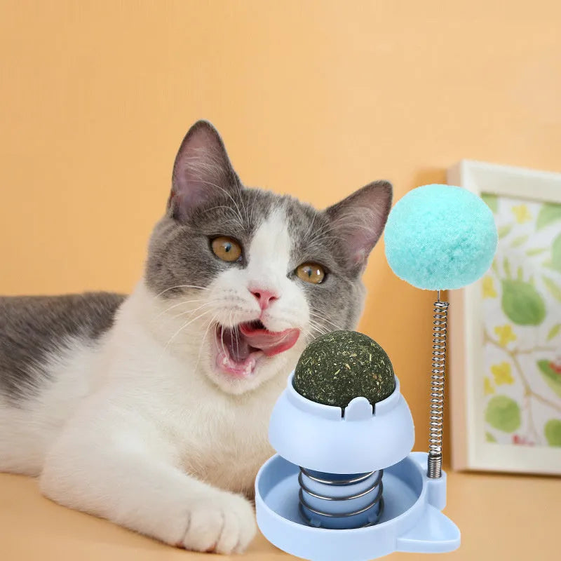 Lucky cat design licking toy with mint ball for cats in blue, orange, or pink colours