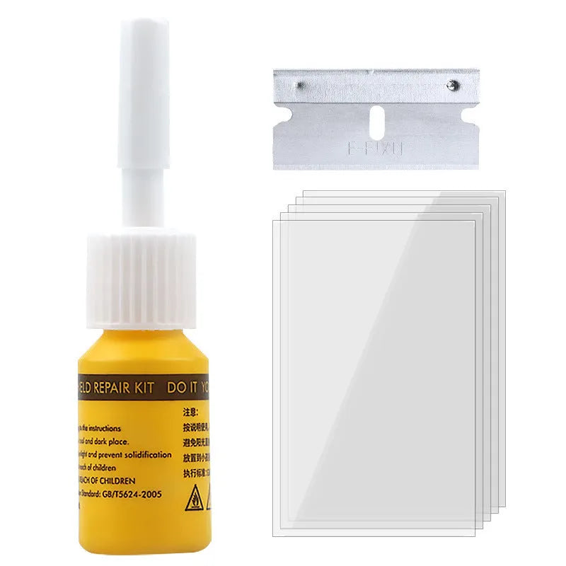 Yellow three-piece car windscreen repair agent tool set for windshield chip and crack repair