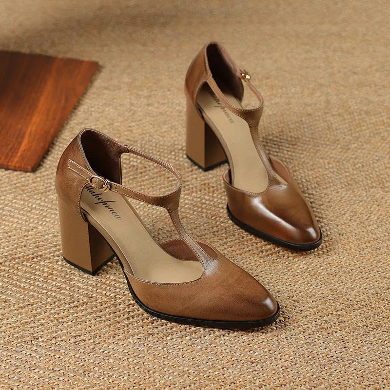 Baotou women's retro Mary Jane high heels with pointed toe and buckle in pink and dark brown.