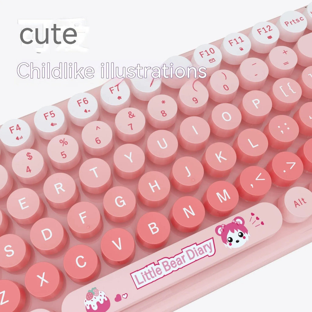 Candy pink mini wireless keyboard and mouse set with USB receiver on a desk.