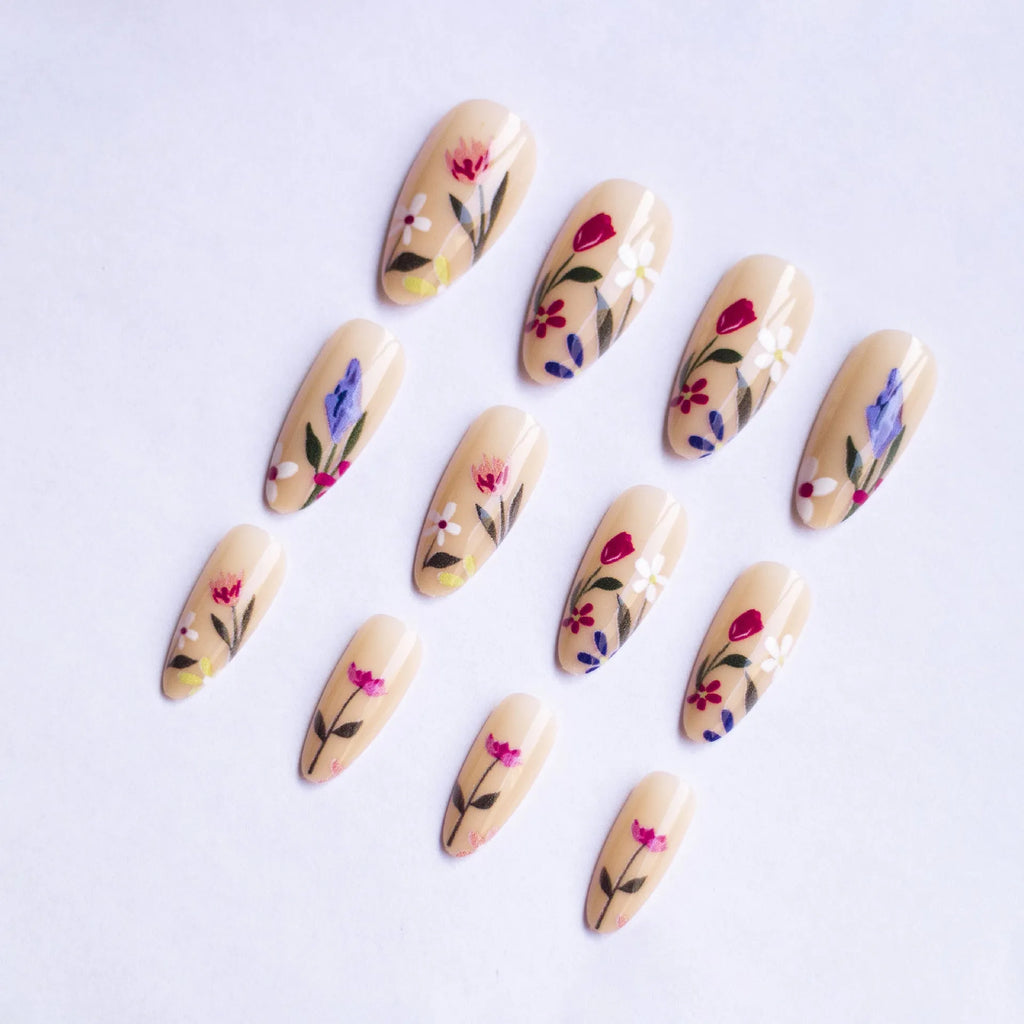 Almond-shaped European style nail art strips with removable flower armour design in solid colour options