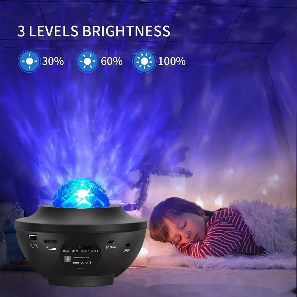 Black parallel style starry sky projection lamp with rotating water ripple laser effects