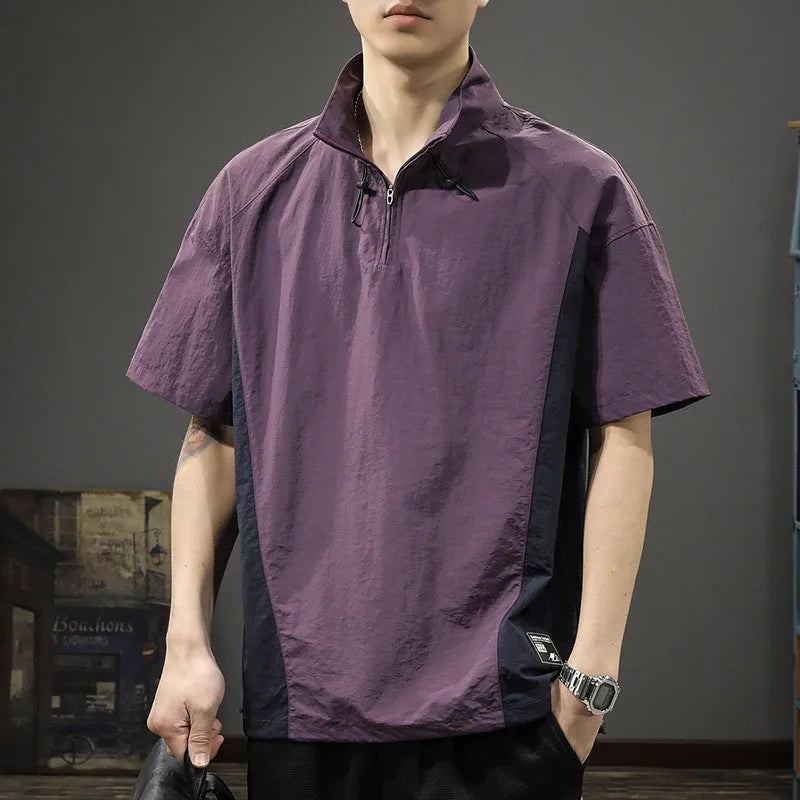 Men's brown half-zip stand collar shirt with short sleeves and loose fit