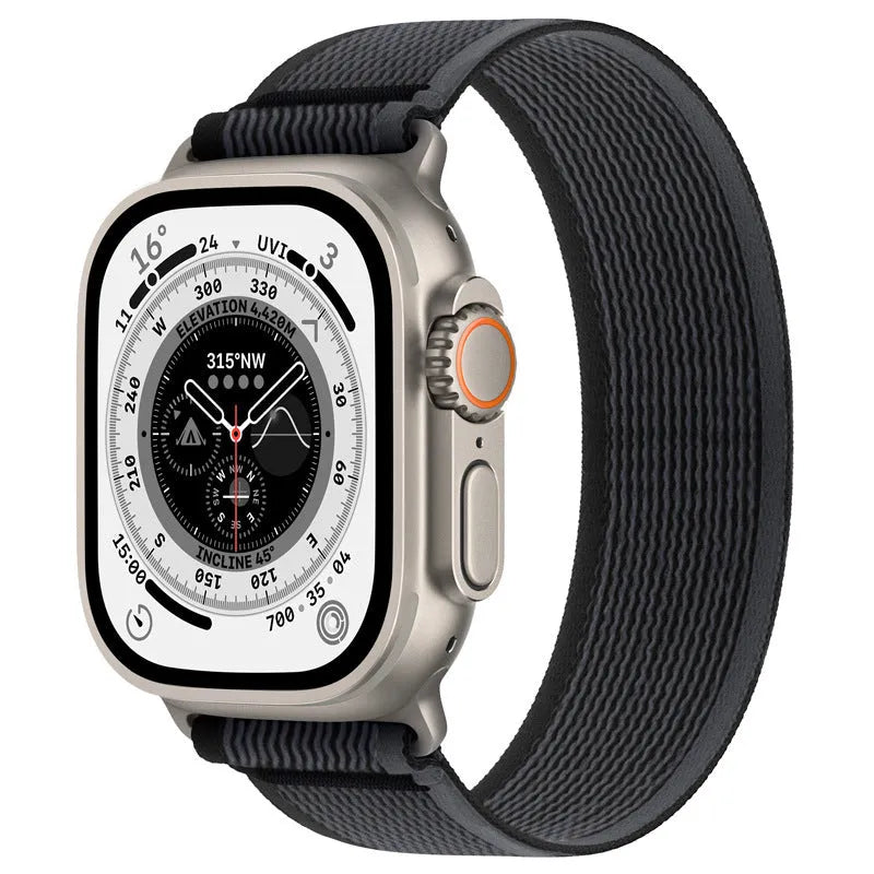 Integrated single-ring nylon Apple Watch strap shown in multiple colour options on a watch.