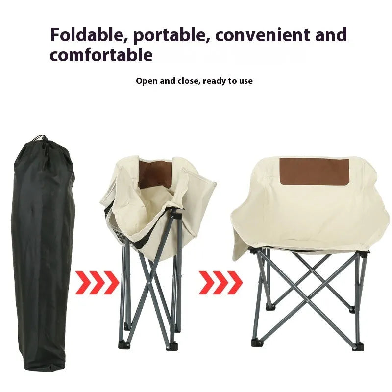Folding outdoor chair with steel frame and Oxford cloth seat in a neutral colour.