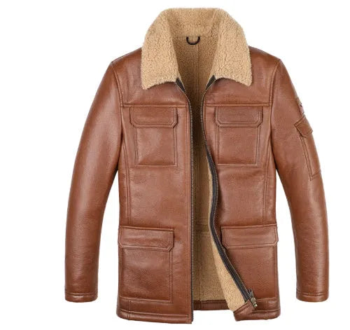 Champagne sheepskin trench coat with lapel collar, midi length, slim fit, and multiple pockets for winter.
