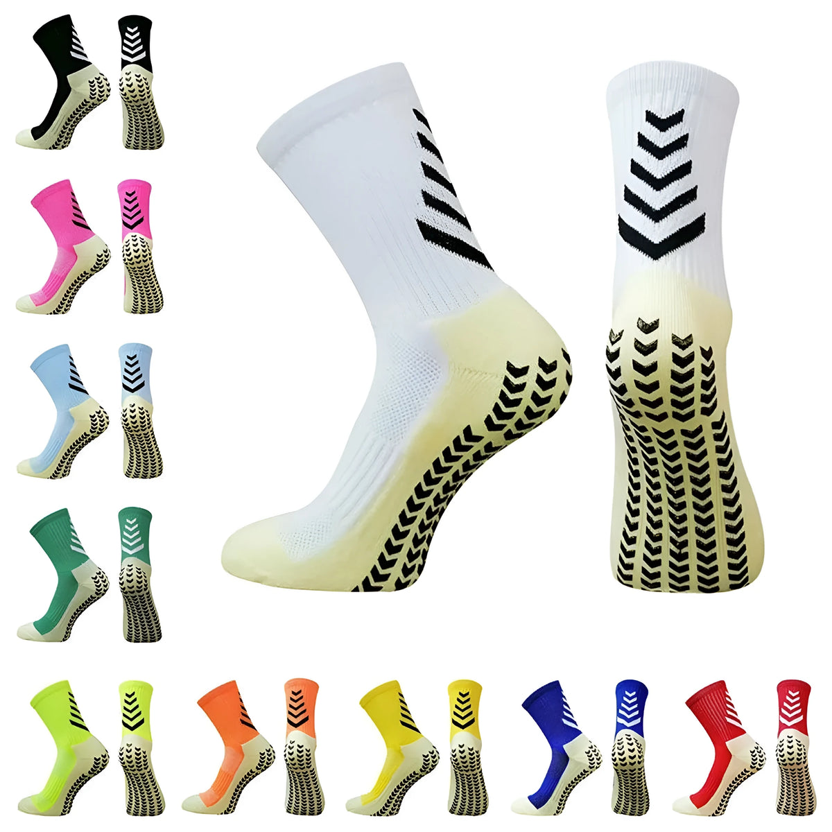 Men's mid-calf athletic socks with geometric patterns in various colours including black and fluorescent options