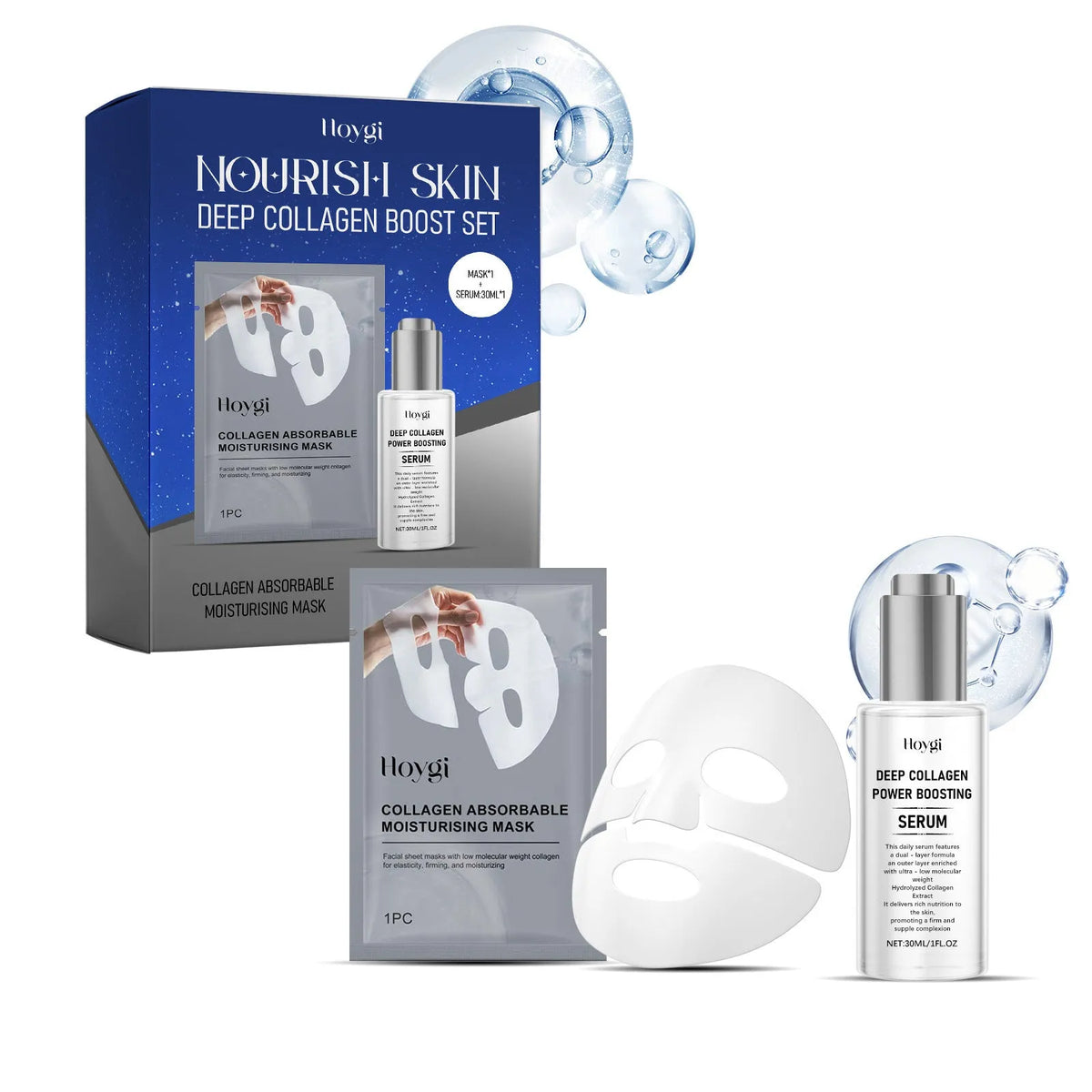 Collagen facial mask set showing silicone mask and 30ml essence serum bottle
