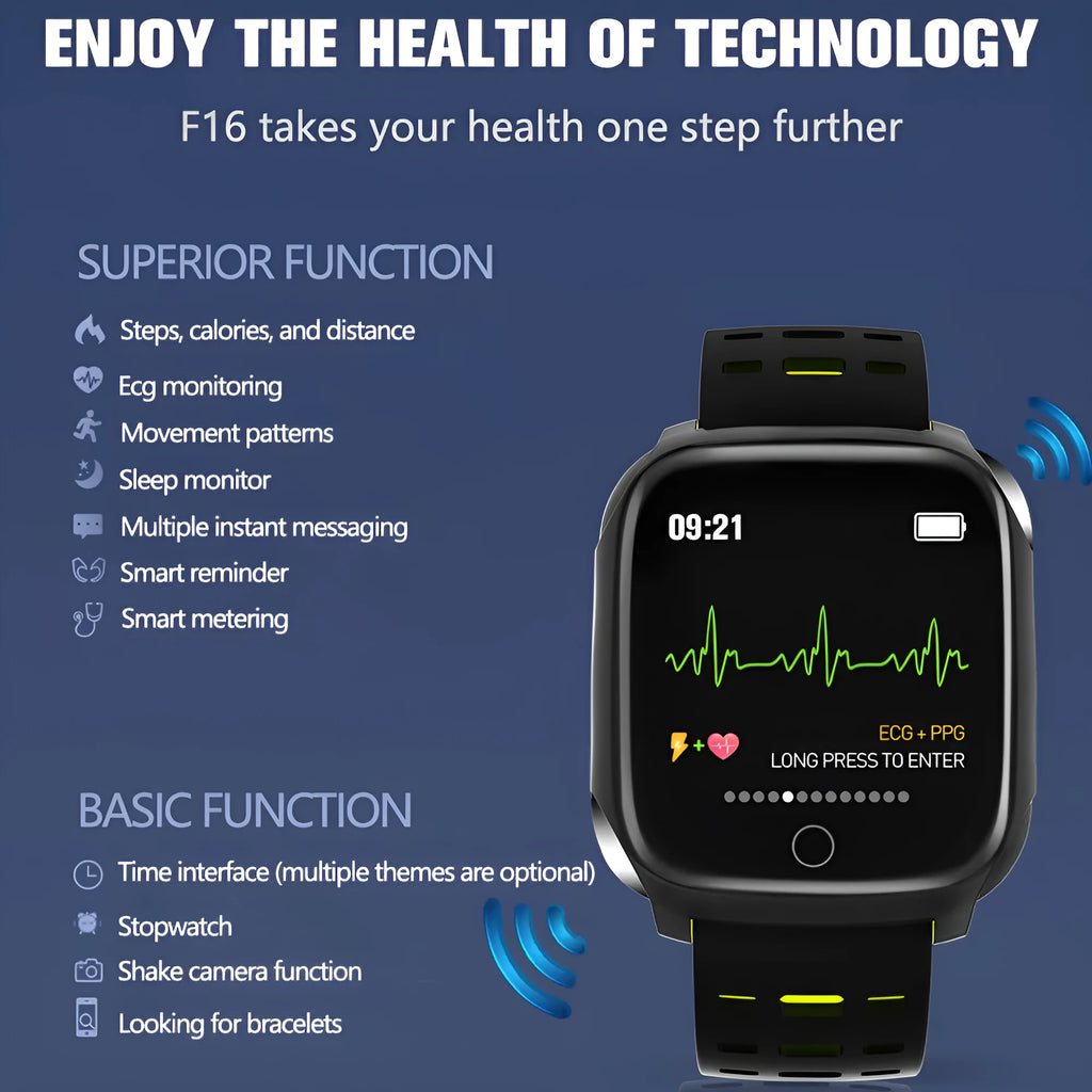 F16 Smart Watch with ECG monitor on a silicone wristband, showing the IPS display and touch-button controls.
