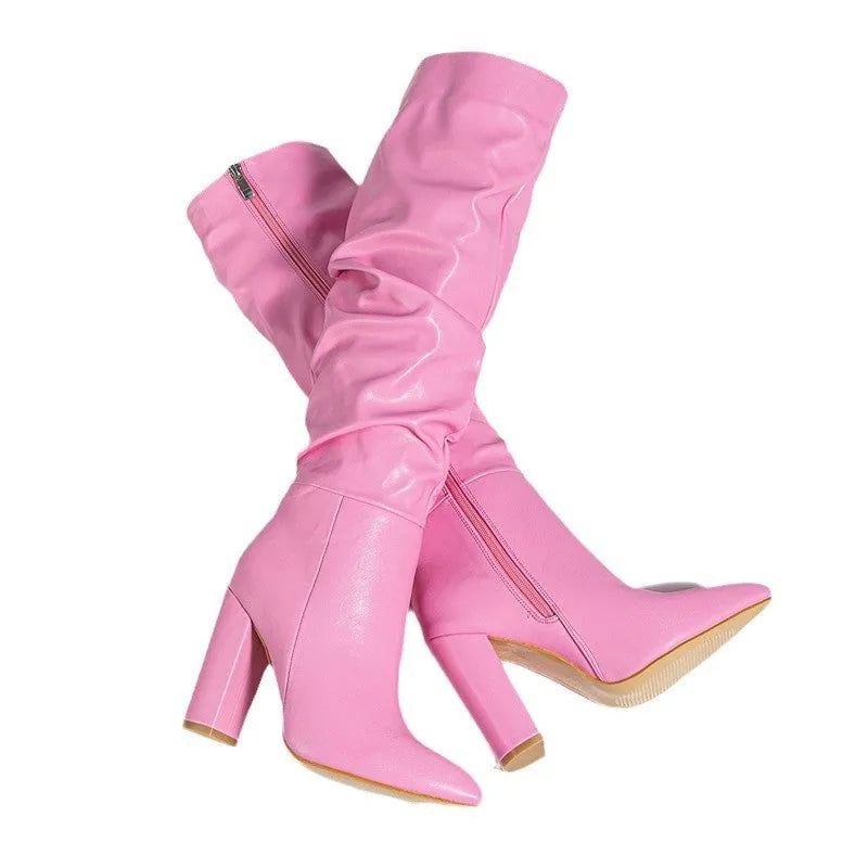 Women's white pointed toe high heel boots with side zipper and super high heels