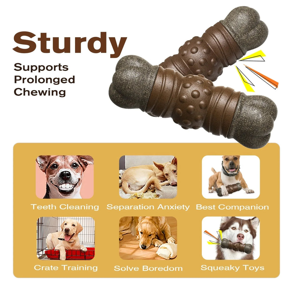 Wood colour plastic dog toy shaped like a bone with a textured molar rod, measuring 22 cm in length.
