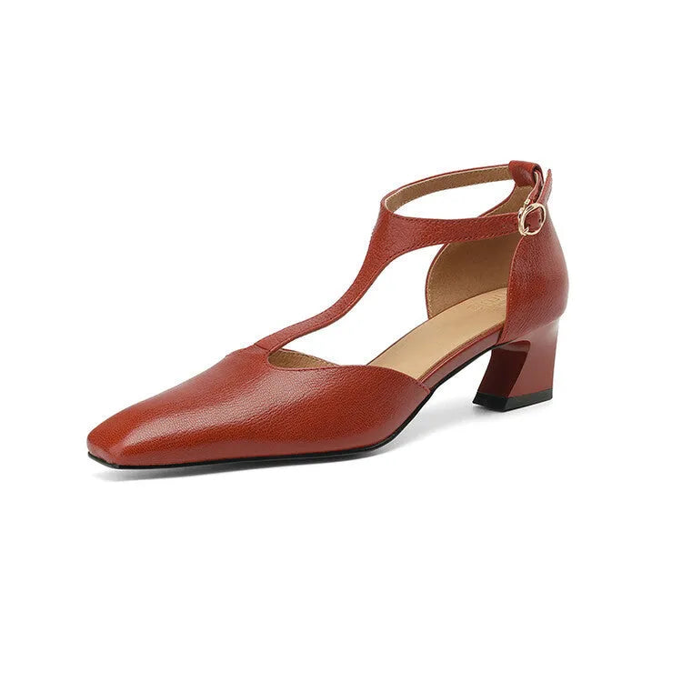 Women's wine red sheepskin leather square toe chunky heel shoes with buckle fastening
