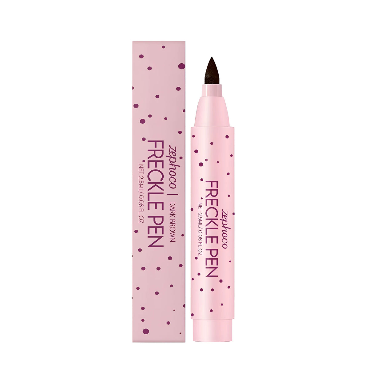 Freckle cosmetic pen for applying faux freckles in dark brown and light brown water-based ink
