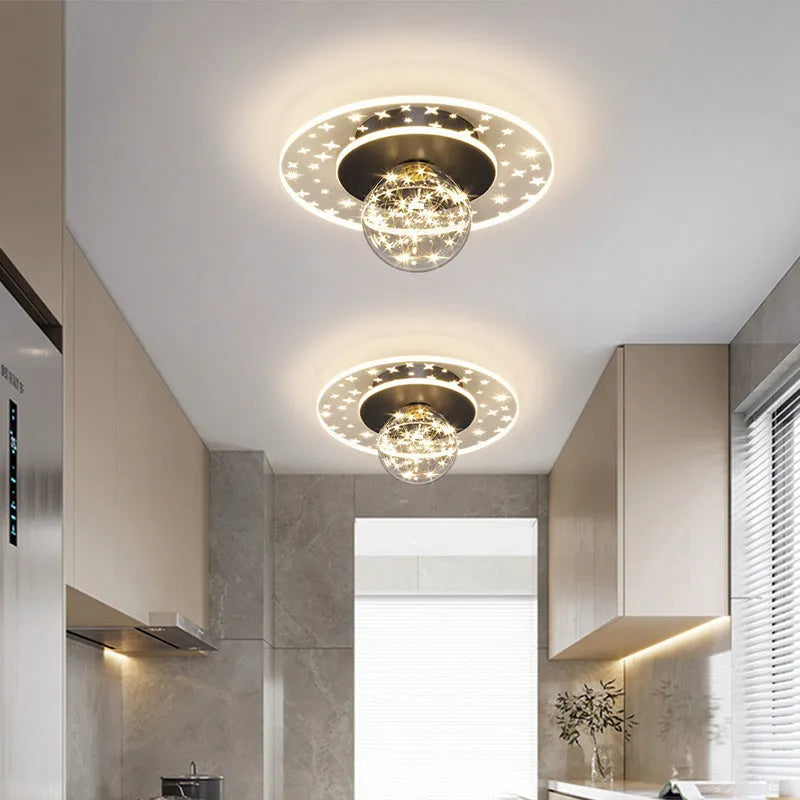 Modern ceiling lamp for corridors in black finish, showing integrated LED light source.