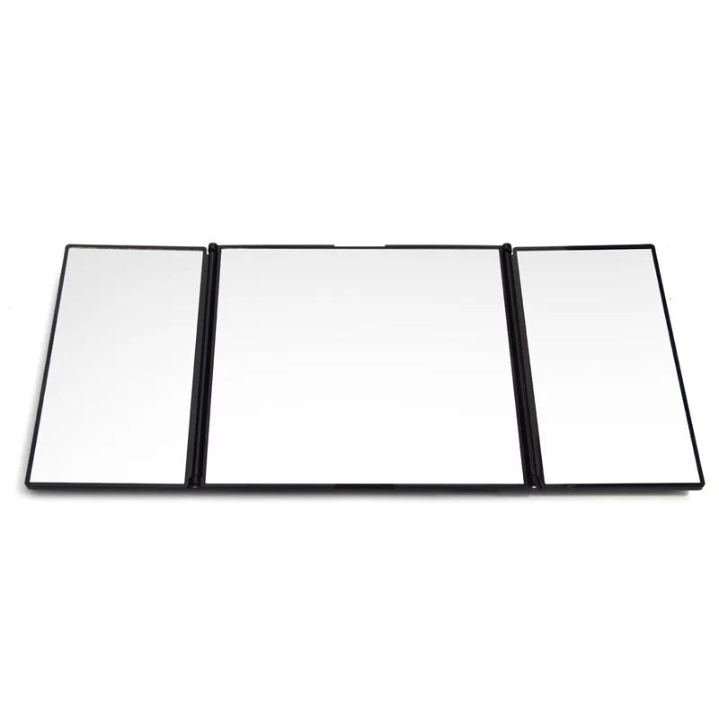 Silver car folding makeup mirror shown closed and open, with ABS plastic frame.