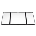 Silver car folding makeup mirror shown closed and open, with ABS plastic frame.