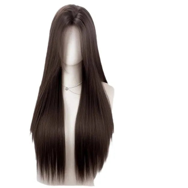 Forehead lace mid-length natural black straight wig with styling accessories on display