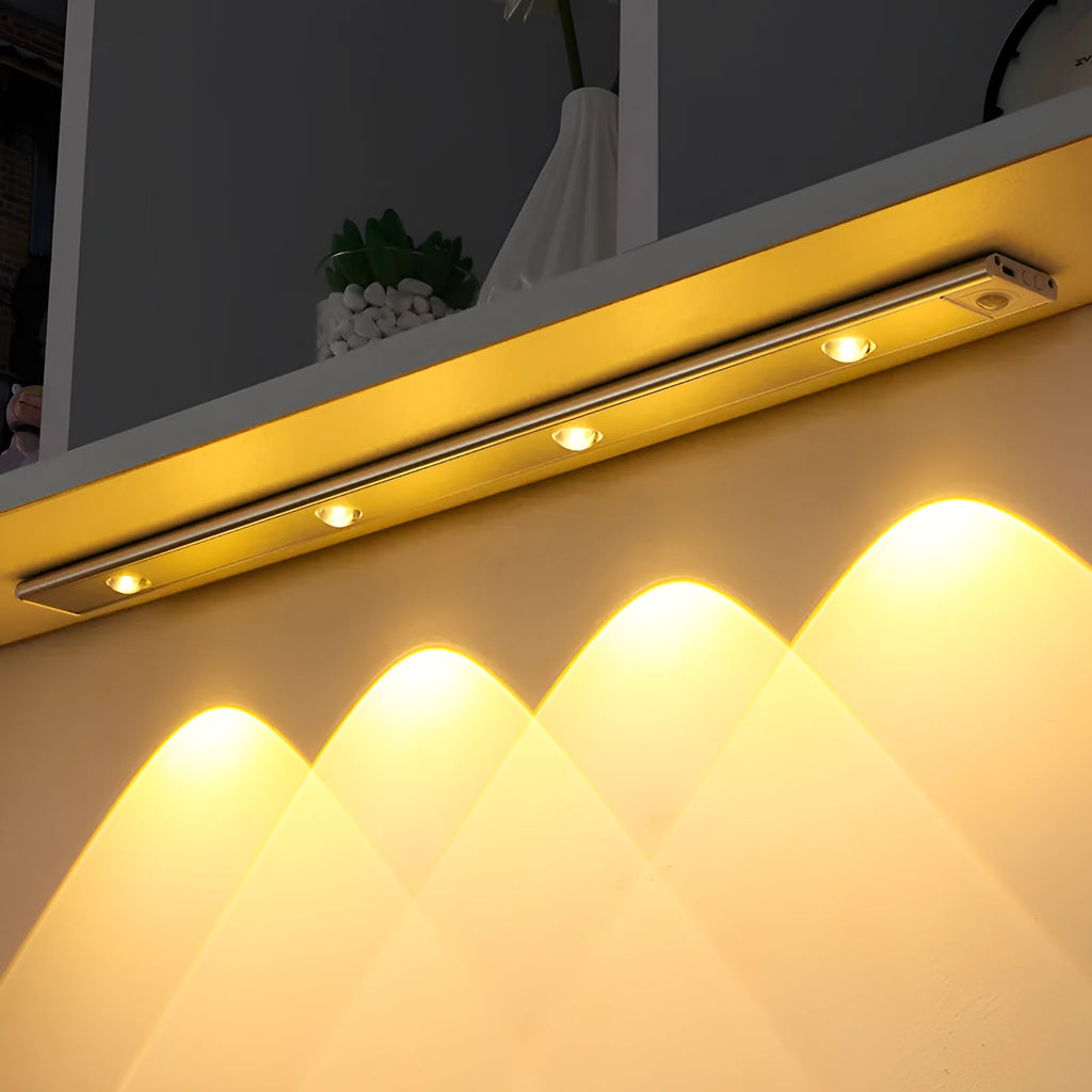 Rechargeable Cat's Eye Hill corrugated LED light strip in black, showing magnetic mount and hill projection light effect.