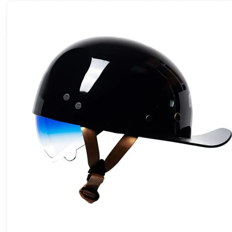 Men's retro electric bike half helmet in bright black gradient blue with matching lens.