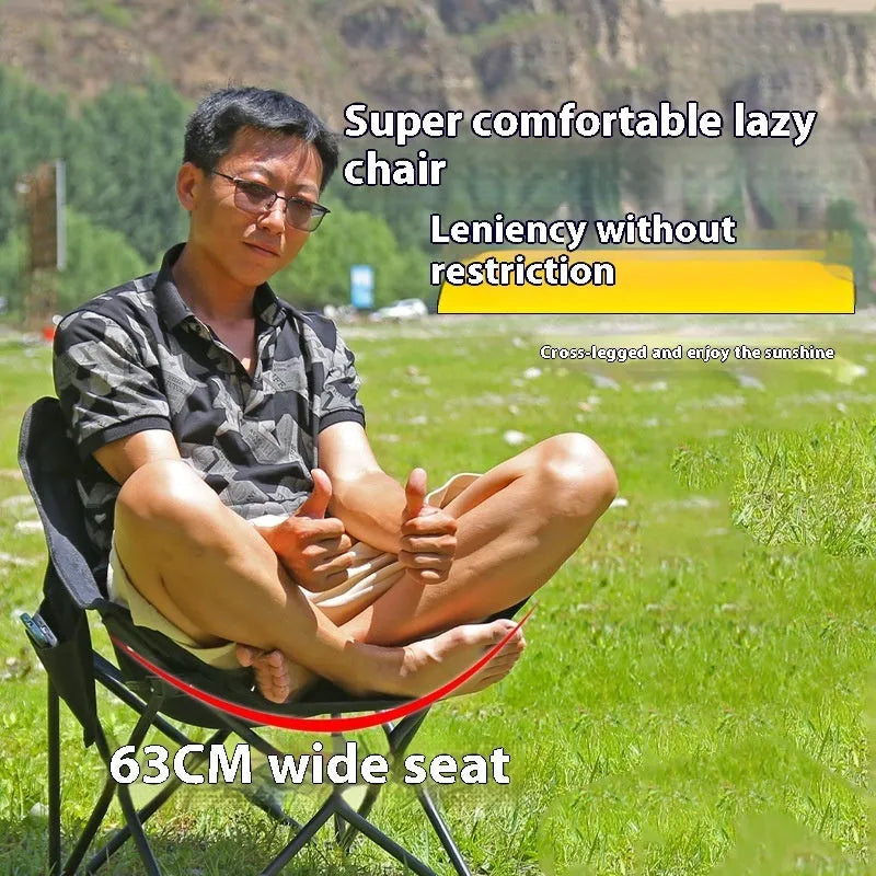 Folding outdoor chair with steel frame and Oxford cloth seat in a neutral colour.