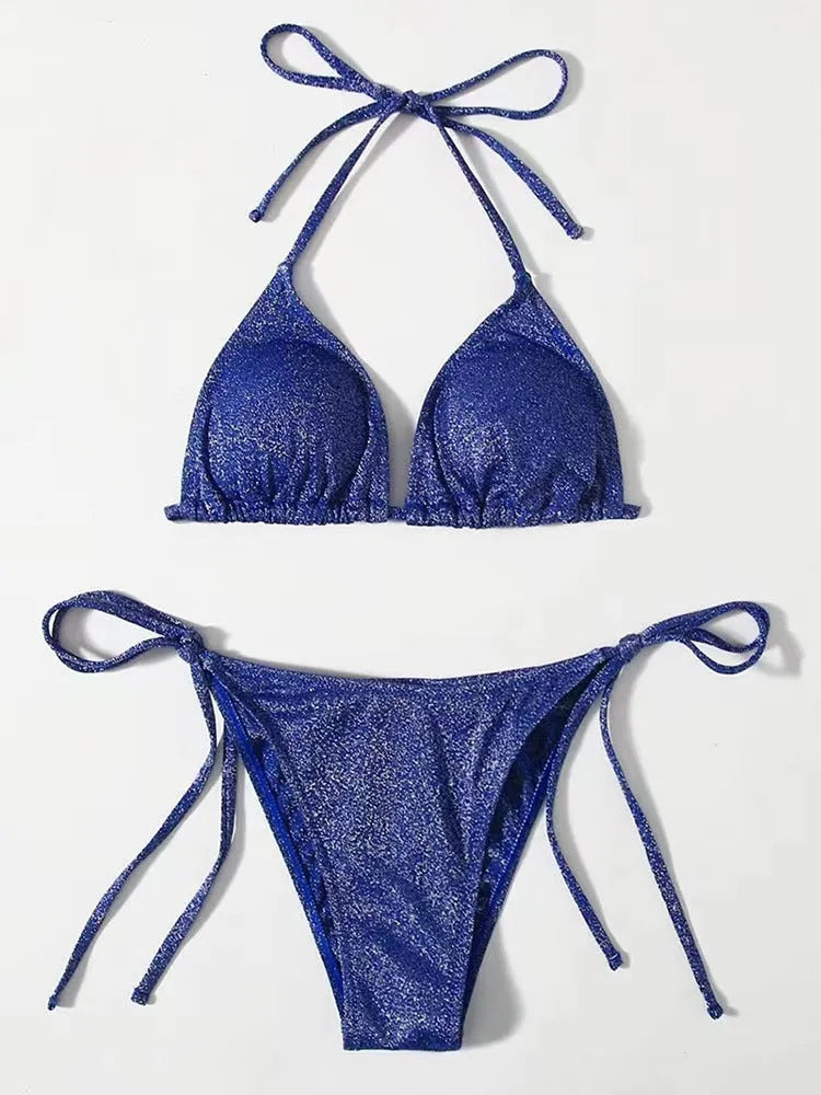 Women's khaki gold bandage-style bikini with a split design detail, shown as a two-piece set.