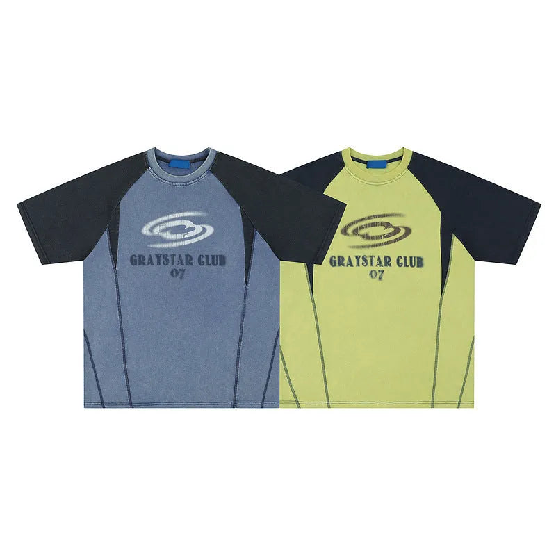 Men's blue hip hop letter print cotton t-shirt with raglan sleeves shown in loose fit